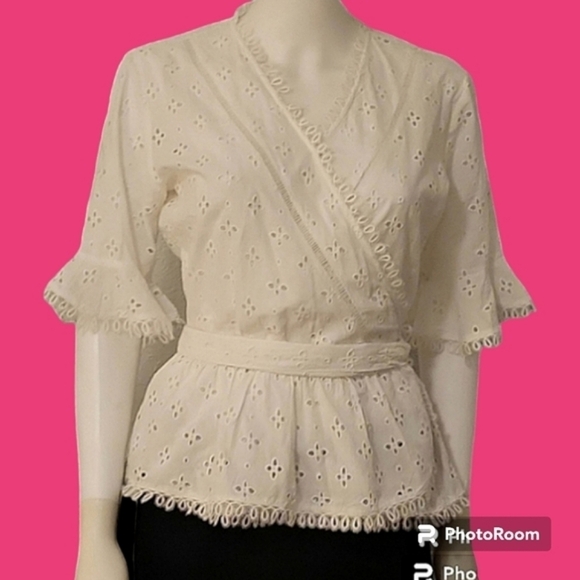 Venus White Eyelet Surplice Wrap Peplum Tie Waist Castlecore Blouse - Picture 1 of 9